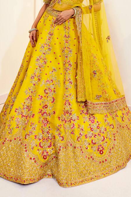 Pallavi Poddar Yellow Silk Embroidery Collared Blossom Bridal Lehenga Set Online at Aza Fashions Pallavi Poddar_Yellow Silk Embroidery Collared Blossom Bridal Lehenga Set _Online_at_Aza_Fashions