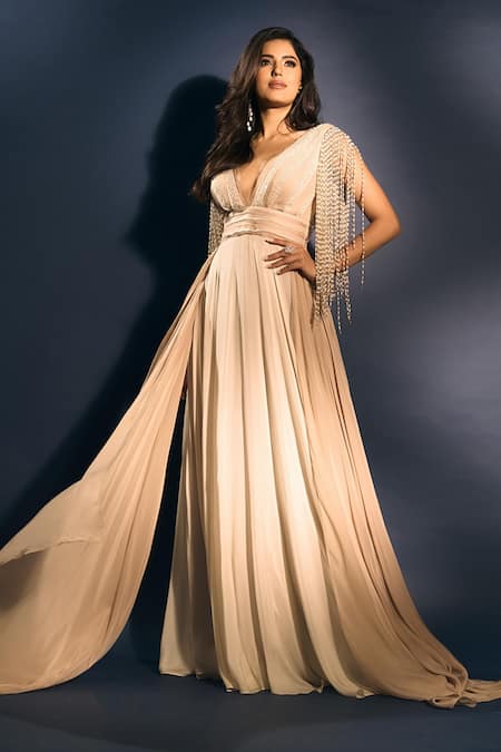 Shop_Babita Malkani_Ivory Chiffon Pearls Plunge Neck Tassel Embellished Maxi Dress 