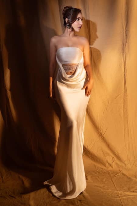 Buy_Babita Malkani_Ivory Satin Pearls, Crystals Off-shoulder Embellished Gown With Cut-out Detail 
