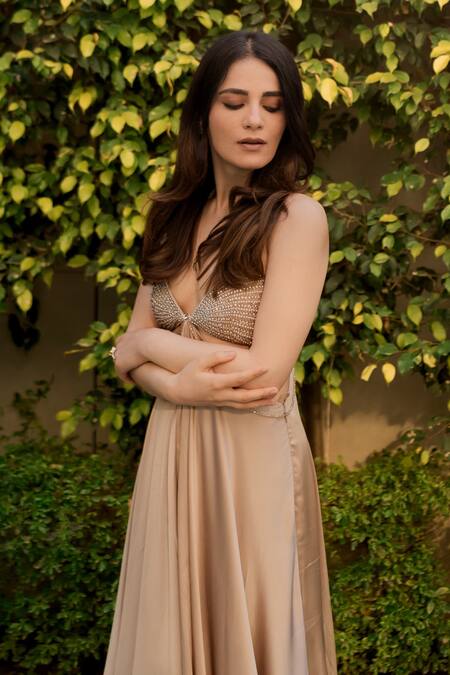 Buy_Babita Malkani_Beige Satin Beads, Crystals V-neck Embellished Maxi Dress 