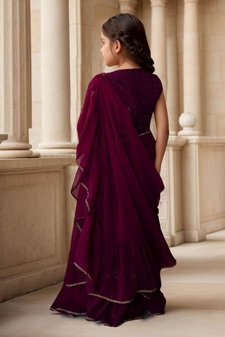Petite Pomme Classic Ruffle Hem Pre-Draped Saree With Blouse 