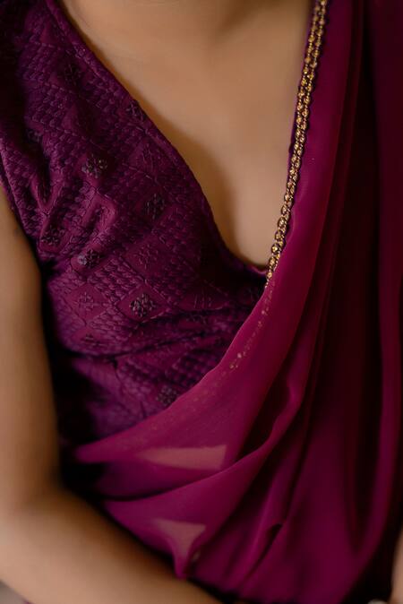 Petite Pomme_Wine Georgette Lace, Sequins Classic Ruffle Hem Pre-draped Saree With Blouse _Online_at_Aza_Fashions
