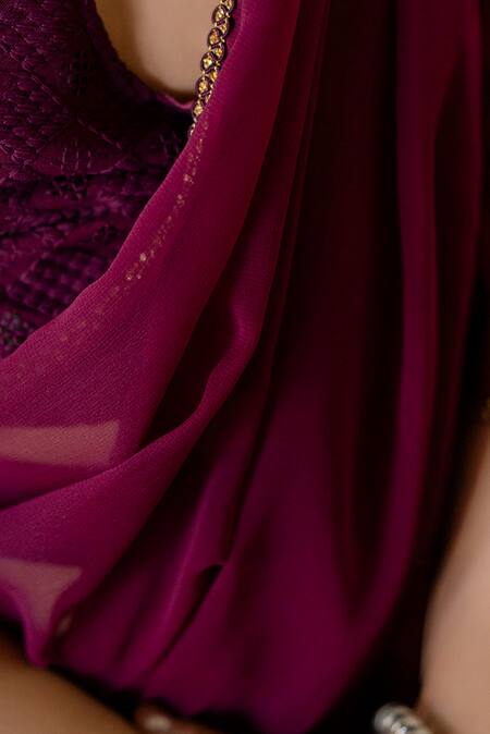 Buy_Petite Pomme_Wine Georgette Lace, Sequins Classic Ruffle Hem Pre-draped Saree With Blouse _Online_at_Aza_Fashions