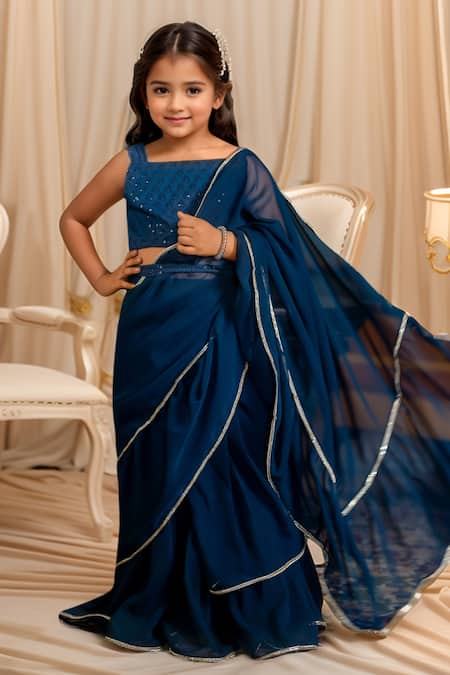 Buy_Petite Pomme_Blue Georgette Sequins, Lace Solid Ruffle Hem Pre-draped Saree With Blouse _Online_at_Aza_Fashions