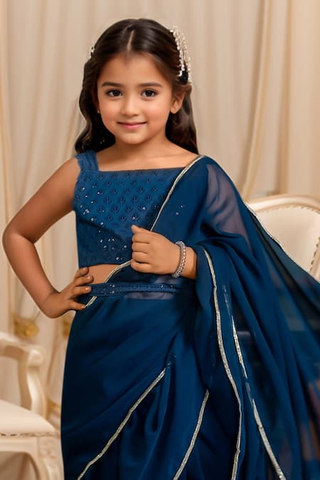 Petite Pomme_Blue Georgette Sequins, Lace Solid Ruffle Hem Pre-draped Saree With Blouse _at_Aza_Fashions