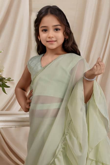 Buy_Petite Pomme_Green Georgette Lace, Embroidered Ruffle Hem Pre-draped Saree With Blouse _Online_at_Aza_Fashions
