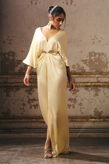 Masumi Mewawalla_Beige Gingham, Linen Beads, Sequins V-neck Applique Waistband Kaftan _Online_at_Aza_Fashions