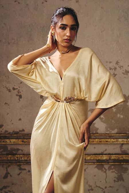 Shop_Masumi Mewawalla_Beige Gingham, Linen Beads, Sequins V-neck Applique Waistband Kaftan _Online_at_Aza_Fashions