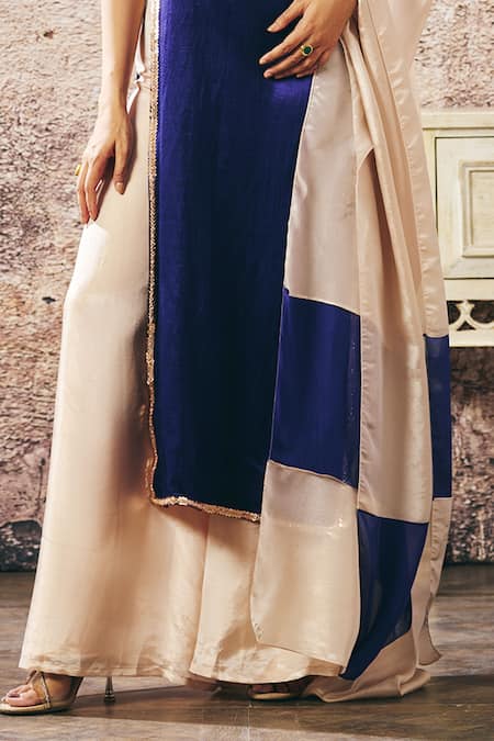Buy_Masumi Mewawalla_Blue Tissue, Linen Sequins Boat Neck Border Embroidered Kurta Set _Online_at_Aza_Fashions