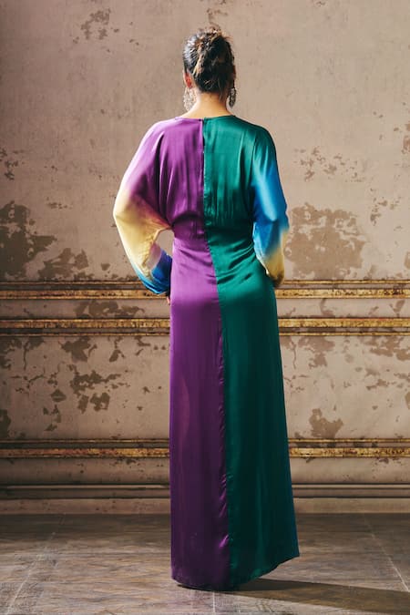 Masumi Mewawalla Multi Color Gingham V-neck Colorblock Waist Cut Out Kaftan Online at Aza Fashions Masumi Mewawalla_Multi Color Gingham V-neck Colorblock Waist Cut Out Kaftan _Online_at_Aza_Fashions