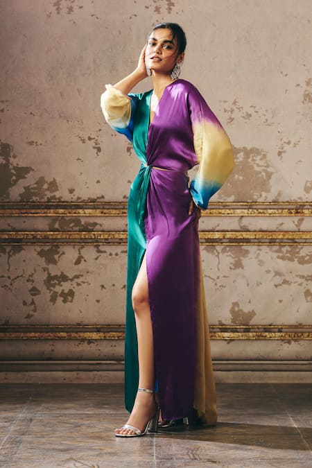 Buy Masumi Mewawalla Multi Color Gingham V-neck Colorblock Waist Cut Out Kaftan Online at Aza Fashions Buy_Masumi Mewawalla_Multi Color Gingham V-neck Colorblock Waist Cut Out Kaftan _Online_at_Aza_Fashions