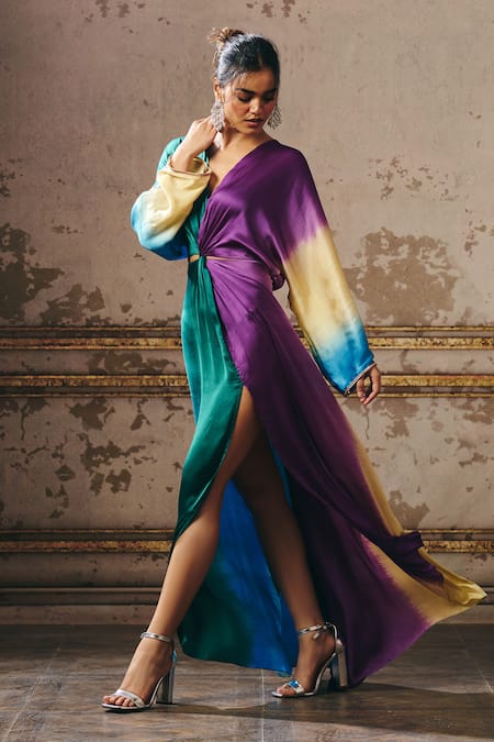 Shop Masumi Mewawalla Multi Color Gingham V-neck Colorblock Waist Cut Out Kaftan Online at Aza Fashions Shop_Masumi Mewawalla_Multi Color Gingham V-neck Colorblock Waist Cut Out Kaftan _Online_at_Aza_Fashions