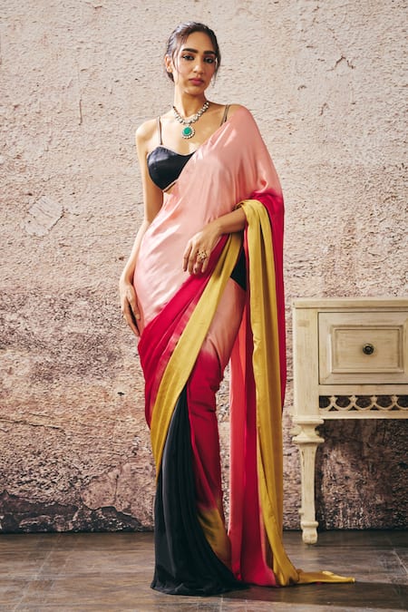 Buy_Masumi Mewawalla_Multi Color Gabardine, Crepe, Linen Sweetheart Neck Ombre Saree With Blouse _Online_at_Aza_Fashions