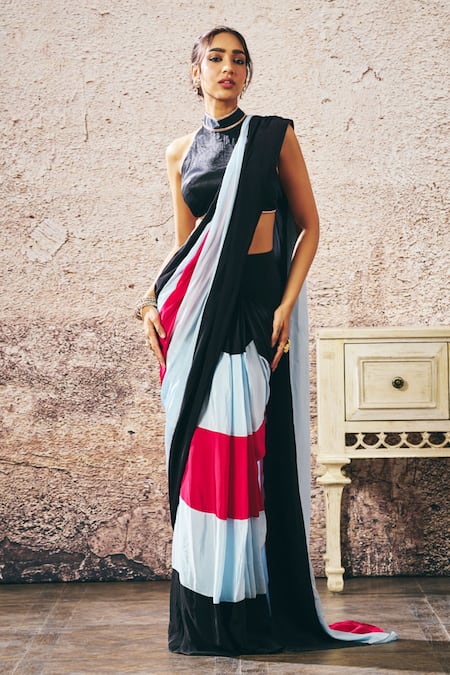 Masumi Mewawalla_Black Crepe, Linen Halter Neck Colorblock Pre-draped Saree And Blouse _Online_at_Aza_Fashions