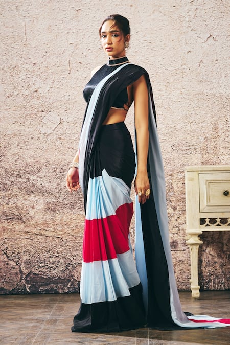 Buy_Masumi Mewawalla_Black Crepe, Linen Halter Neck Colorblock Pre-draped Saree And Blouse _Online_at_Aza_Fashions