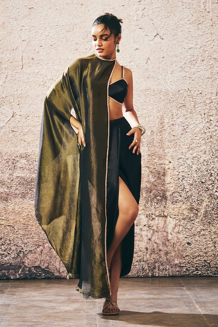 Masumi Mewawalla Black One Shoulder Cape Skirt Set 