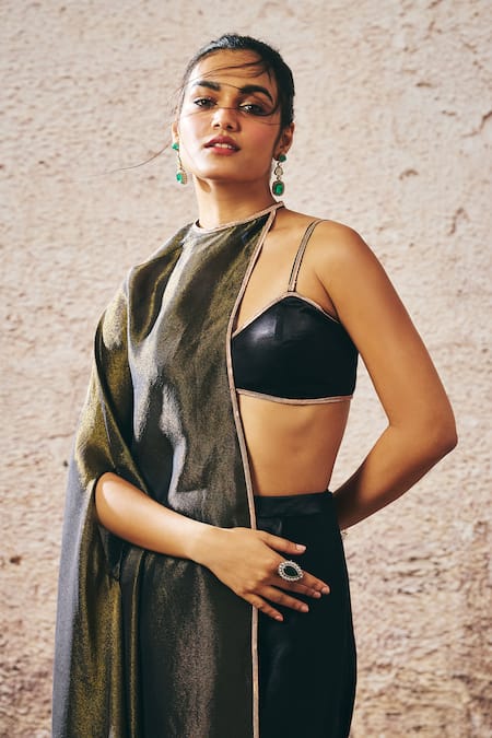 Buy_Masumi Mewawalla_Black Tissue Embroidery Sweetheart Neck One Shoulder Cape Skirt Set _Online_at_Aza_Fashions