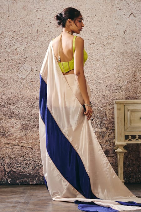 Masumi Mewawalla Beige & Blue Colorblock Saree Set 