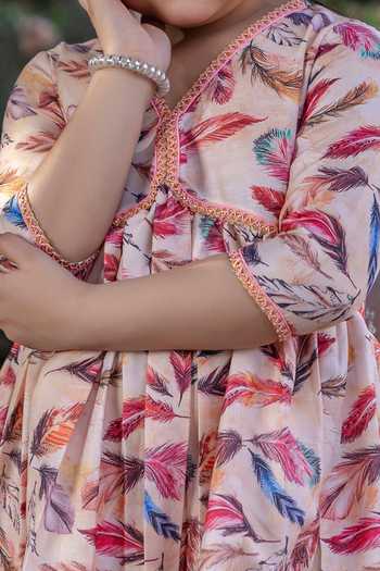Petite Pomme_Peach Muslin, Net Lace Feather Print Peplum Kurta And Sharara Set_Online_at_Aza_Fashions