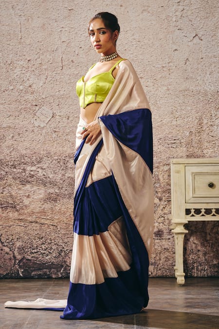 Buy_Masumi Mewawalla_Beige Crepe Sweetheart Neck And Blue Colorblock Saree Set _Online_at_Aza_Fashions