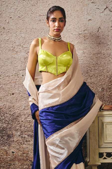 Shop_Masumi Mewawalla_Beige Crepe Sweetheart Neck And Blue Colorblock Saree Set _Online_at_Aza_Fashions