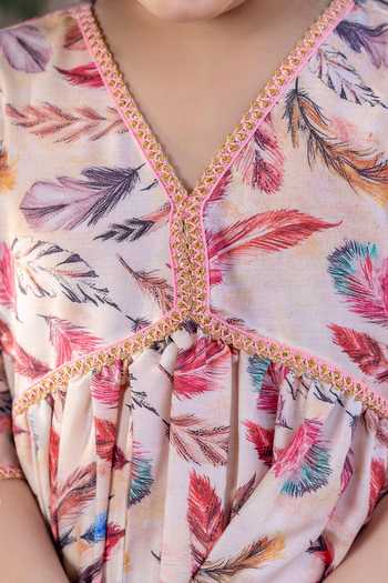 Buy_Petite Pomme_Peach Muslin, Net Lace Feather Print Peplum Kurta And Sharara Set_Online_at_Aza_Fashions