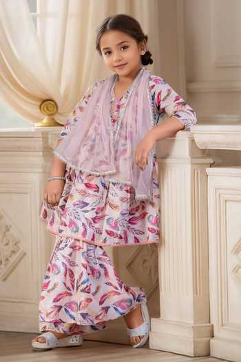 Shop Petite Pomme Peach Muslin, Net Lace Feather Print Peplum Kurta And Sharara Set Online at Aza Fashions Shop_Petite Pomme_Peach Muslin, Net Lace Feather Print Peplum Kurta And Sharara Set_Online_at_Aza_Fashions