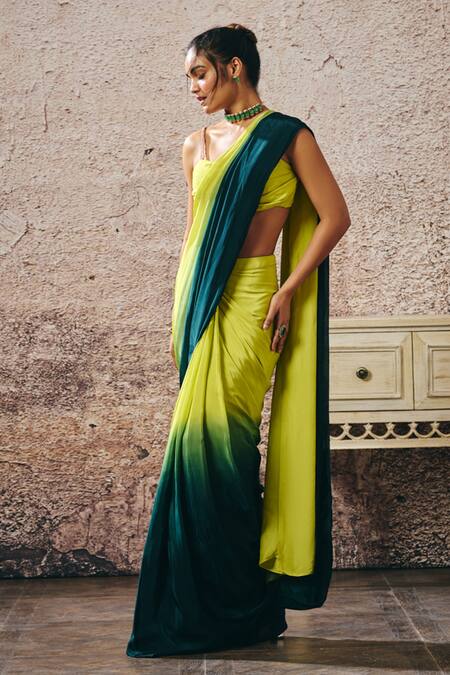 Buy_Masumi Mewawalla_Green Crepe Sweetheart Neck Ombre Pre-draped Saree And Embellished Blouse _Online_at_Aza_Fashions