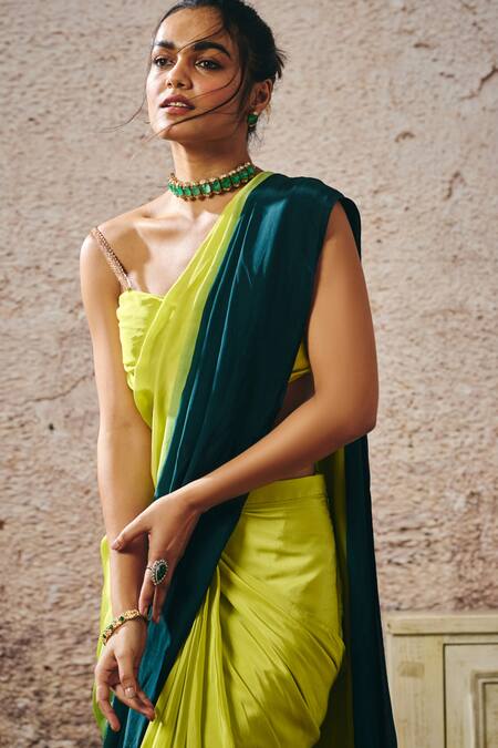 Shop_Masumi Mewawalla_Green Crepe Sweetheart Neck Ombre Pre-draped Saree And Embellished Blouse _Online_at_Aza_Fashions