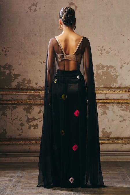 Masumi Mewawalla Embellished Black Cape Blouse & Skirt Set 