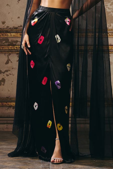 Masumi Mewawalla_Black Net, Gabardine Patchwork Round Neck Embellished Cape Blouse And Skirt Set _Online_at_Aza_Fashions