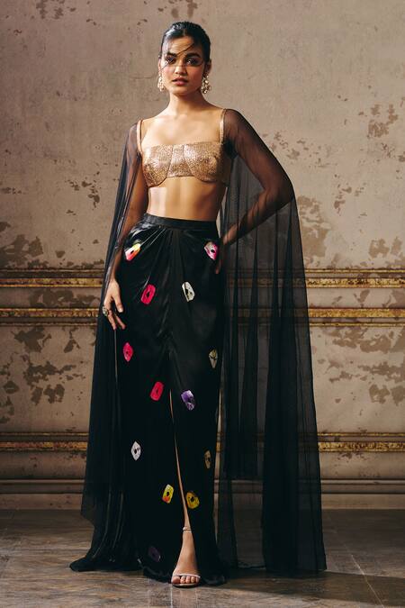 Buy_Masumi Mewawalla_Black Net, Gabardine Patchwork Round Neck Embellished Cape Blouse And Skirt Set _Online_at_Aza_Fashions