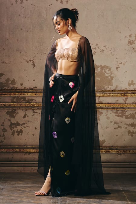 Shop_Masumi Mewawalla_Black Net, Gabardine Patchwork Round Neck Embellished Cape Blouse And Skirt Set _Online_at_Aza_Fashions