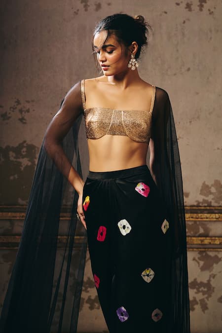 Masumi Mewawalla_Black Net, Gabardine Patchwork Round Neck Embellished Cape Blouse And Skirt Set _at_Aza_Fashions