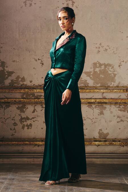 Masumi Mewawalla Green Silk, Maheshwari, Linen Sequins Embellished Blazer And Draped Skirt Set Online at Aza Fashions Masumi Mewawalla_Green Silk, Maheshwari, Linen Sequins Embellished Blazer And Draped Skirt Set _Online_at_Aza_Fashions
