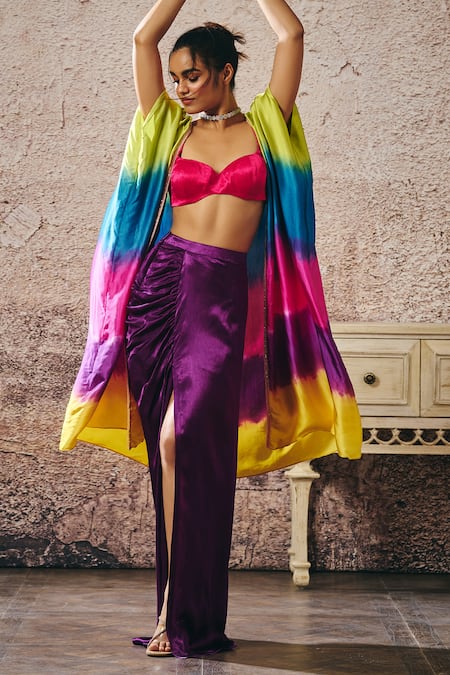 Masumi Mewawalla Pink Gingham Sweetheart , Open Multicolor Ombre Shrug Set With Skirt Online at Aza Fashions Masumi Mewawalla_Pink Gingham Sweetheart , Open Multicolor Ombre Shrug Set With Skirt _Online_at_Aza_Fashions