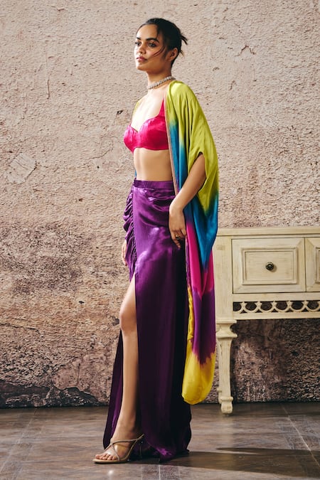 Buy Masumi Mewawalla Pink Gingham Sweetheart , Open Multicolor Ombre Shrug Set With Skirt Online at Aza Fashions Buy_Masumi Mewawalla_Pink Gingham Sweetheart , Open Multicolor Ombre Shrug Set With Skirt _Online_at_Aza_Fashions