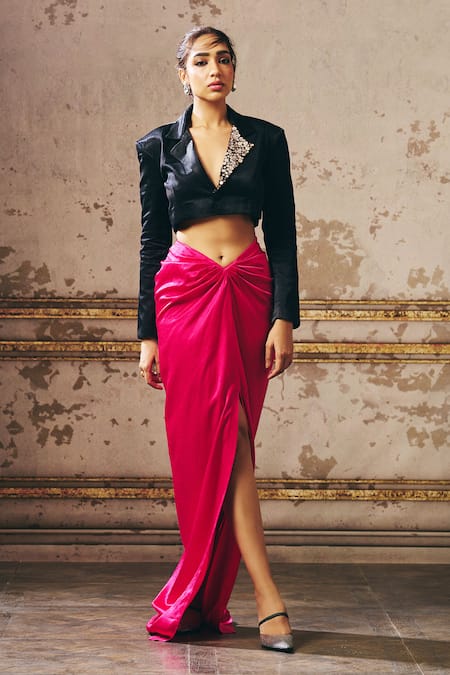 Buy Masumi Mewawalla Black Silk, Linen Sequins, Beads Embroidered Blazer And Draped Skirt Set Online at Aza Fashions Buy_Masumi Mewawalla_Black Silk, Linen Sequins, Beads Embroidered Blazer And Draped Skirt Set _Online_at_Aza_Fashions