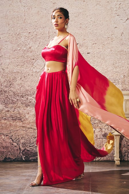 Buy Masumi Mewawalla Red Gingham Sequins Sweetheart , Open Ombre Shrug And Draped Skirt Set Online at Aza Fashions Buy_Masumi Mewawalla_Red Gingham Sequins Sweetheart , Open Ombre Shrug And Draped Skirt Set _Online_at_Aza_Fashions