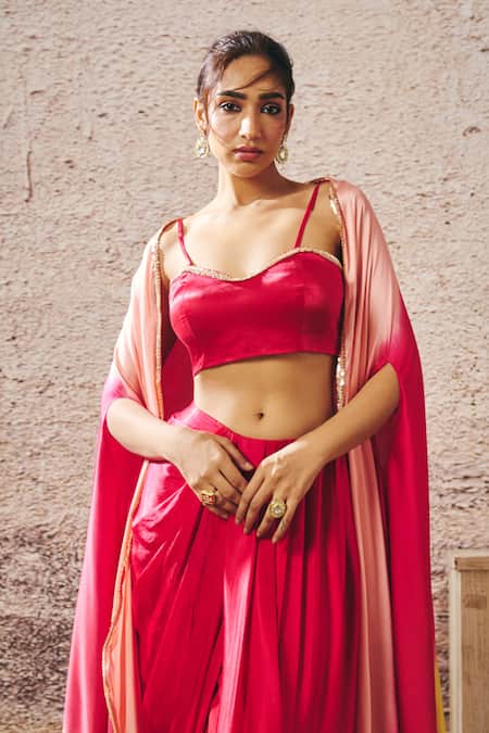 Shop Masumi Mewawalla Red Gingham Sequins Sweetheart , Open Ombre Shrug And Draped Skirt Set Online at Aza Fashions Shop_Masumi Mewawalla_Red Gingham Sequins Sweetheart , Open Ombre Shrug And Draped Skirt Set _Online_at_Aza_Fashions