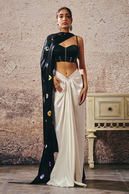 Buy_Masumi Mewawalla_White Embroidery, Sequins Sweetheart Neck Black Corset Blouse And Skirt Set _Online_at_Aza_Fashions