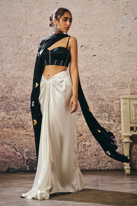 Shop_Masumi Mewawalla_White Embroidery, Sequins Sweetheart Neck Black Corset Blouse And Skirt Set _Online_at_Aza_Fashions