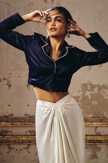 Masumi Mewawalla_Blue Linen, Silk Sequins Embroidered Blazer And Draped Skirt Set _at_Aza_Fashions