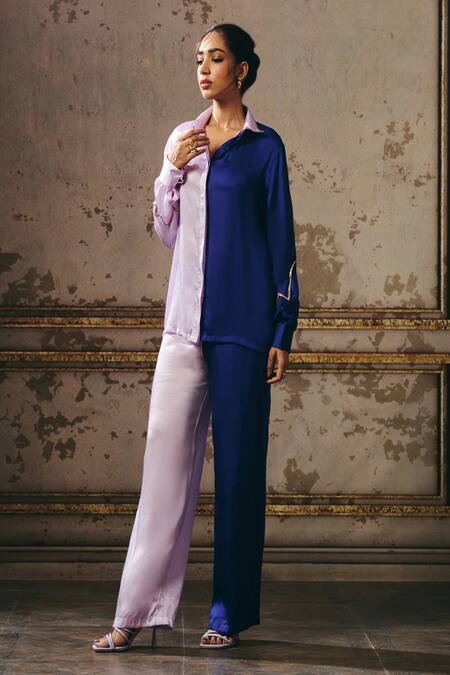 Masumi Mewawalla_Blue Linen, Gingham Collared Color Block Shirt And Pant Set _Online_at_Aza_Fashions