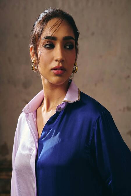 Buy_Masumi Mewawalla_Blue Linen, Gingham Collared Color Block Shirt And Pant Set _Online_at_Aza_Fashions