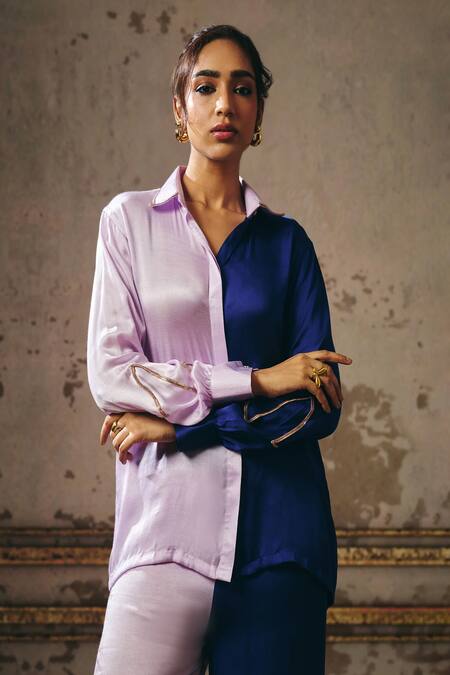 Shop_Masumi Mewawalla_Blue Linen, Gingham Collared Color Block Shirt And Pant Set _Online_at_Aza_Fashions