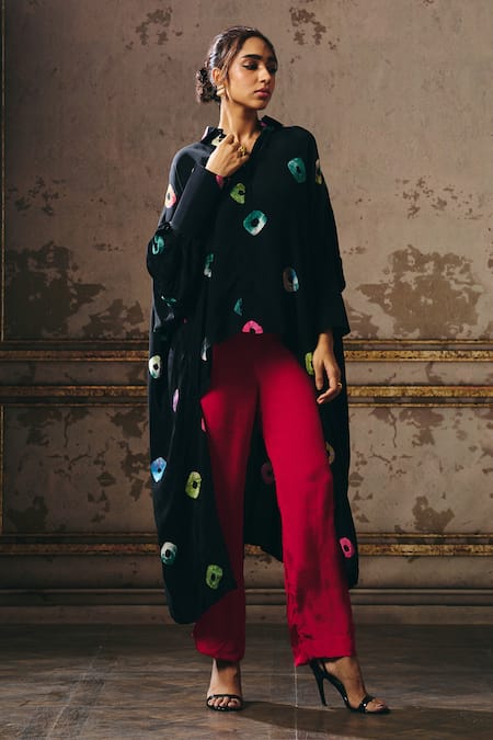 Masumi Mewawalla Black Crepe Embroidery Collared Shibori Asymmetric Shirt And Pant Set Online at Aza Fashions Masumi Mewawalla_Black Crepe Embroidery Collared Shibori Asymmetric Shirt And Pant Set _Online_at_Aza_Fashions