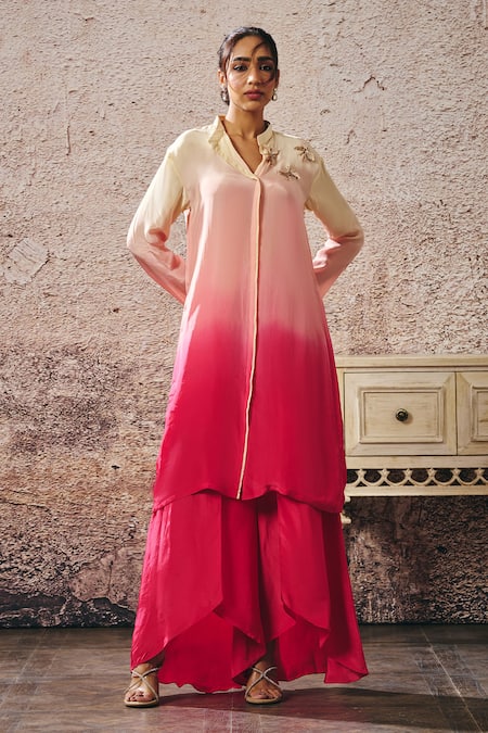 Masumi Mewawalla_Pink Crepe, Linen Embroidery Ombre Kurta Set With Butterfly Embellishments _Online_at_Aza_Fashions