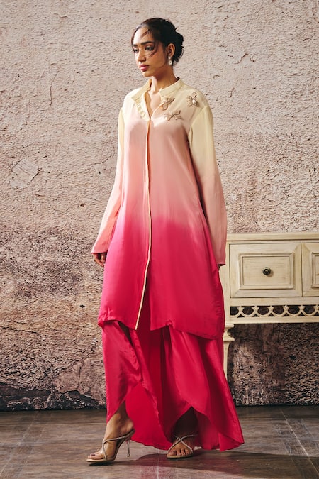 Buy_Masumi Mewawalla_Pink Crepe, Linen Embroidery Ombre Kurta Set With Butterfly Embellishments _Online_at_Aza_Fashions