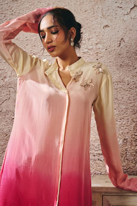 Shop_Masumi Mewawalla_Pink Crepe, Linen Embroidery Ombre Kurta Set With Butterfly Embellishments _Online_at_Aza_Fashions